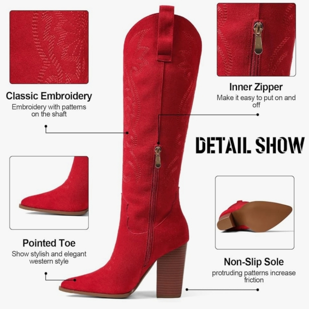 Red Suede Knee-High Boots - Picture 4 of 16